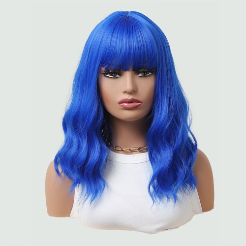 Dark blue short curly wig with bangs