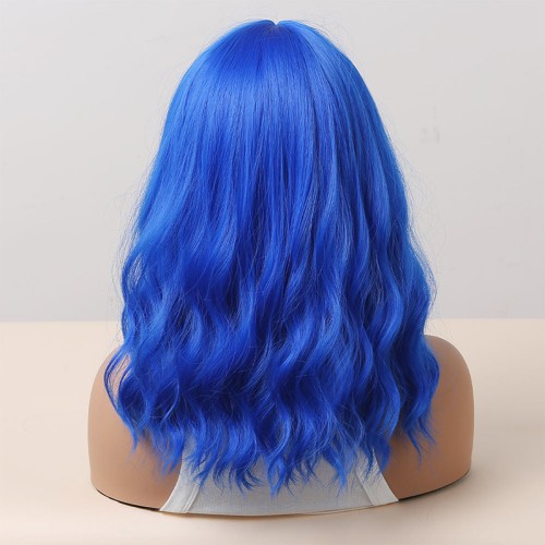 Dark blue short curly wig with bangs