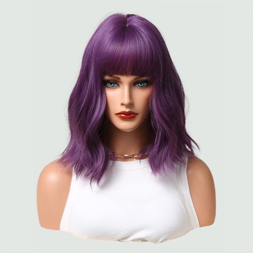 Dark purple short curly wig with bangs