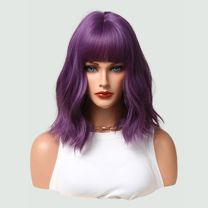 Dark purple short curly wig with bangs