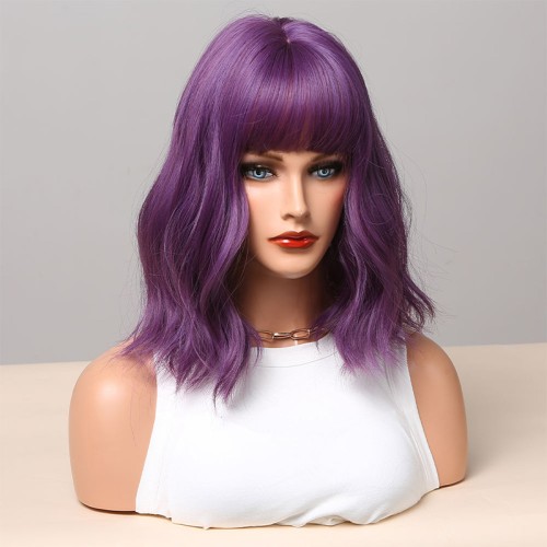 Dark purple short curly wig with bangs