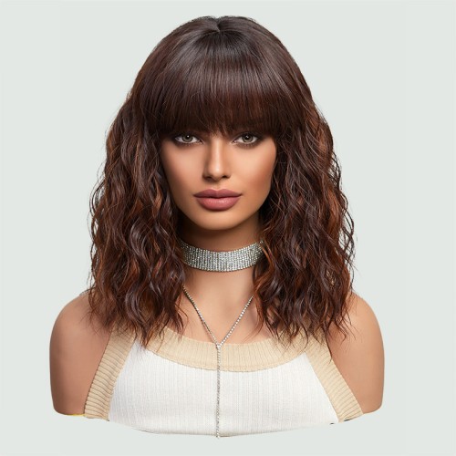 Brown medium-length wavy bob wig