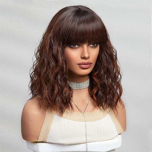 Brown medium-length wavy bob wig