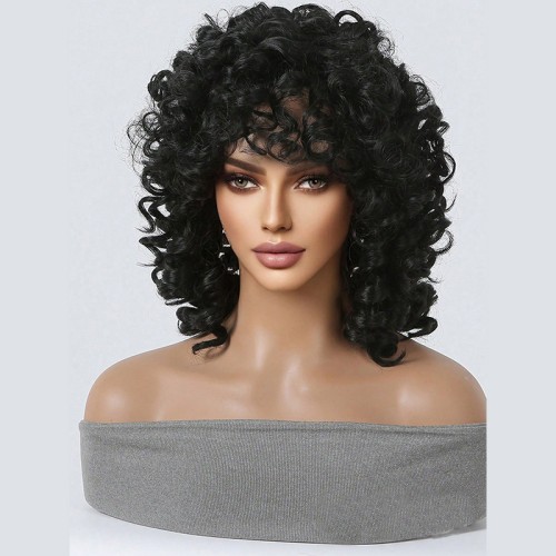 Dark black medium-length layered wavy wig