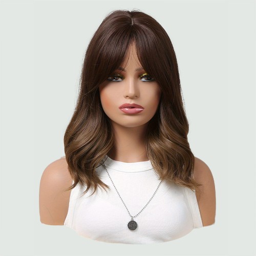 Brown and gold gradient medium-length layered wavy wig