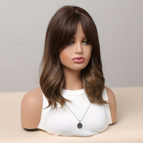 Brown and gold gradient medium-length layered wavy wig