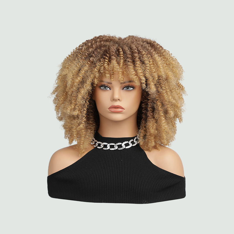 Brown and gold layered medium-length super curly wig