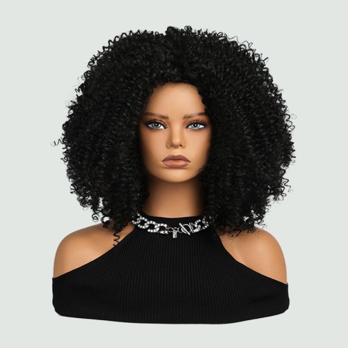 Black medium-length super curly wig
