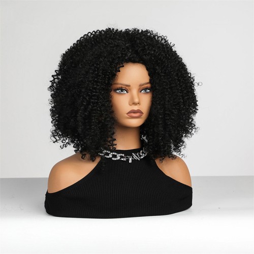 Black medium-length super curly wig