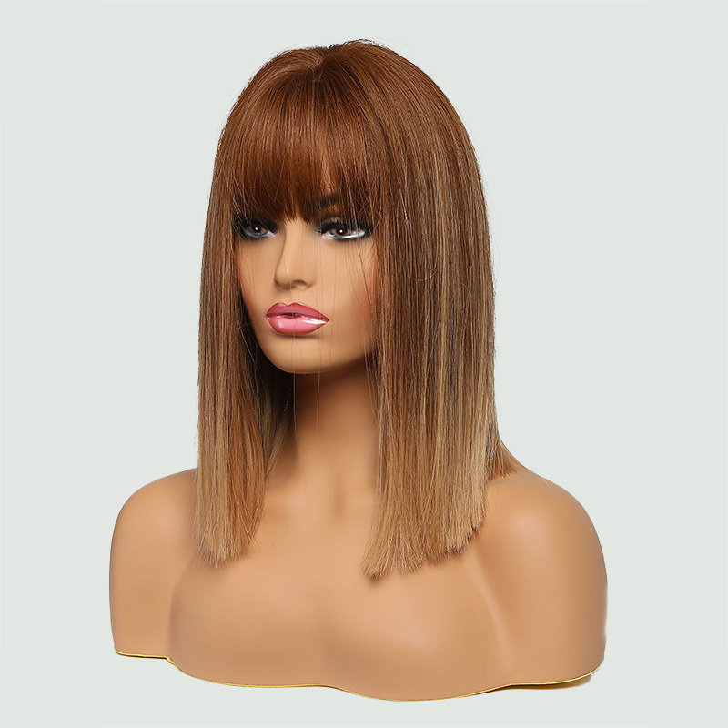 Brown short straight wig with bangs
