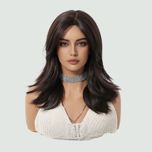 Dark brown/black straight hair with highlights