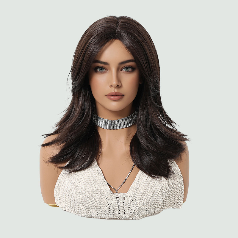 Dark brown/black straight hair with highlights