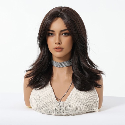 Dark brown/black straight hair with highlights