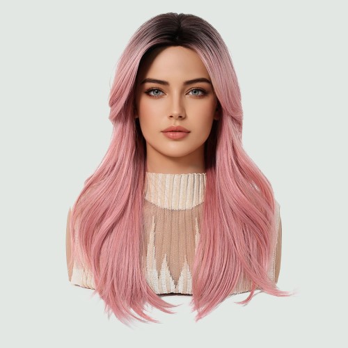 Dark roots pink curly wig