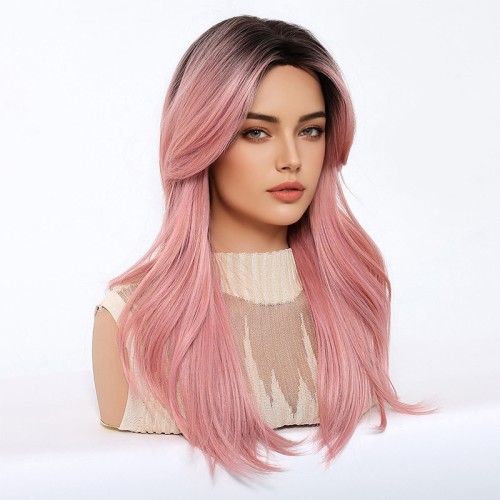 Dark roots pink curly wig