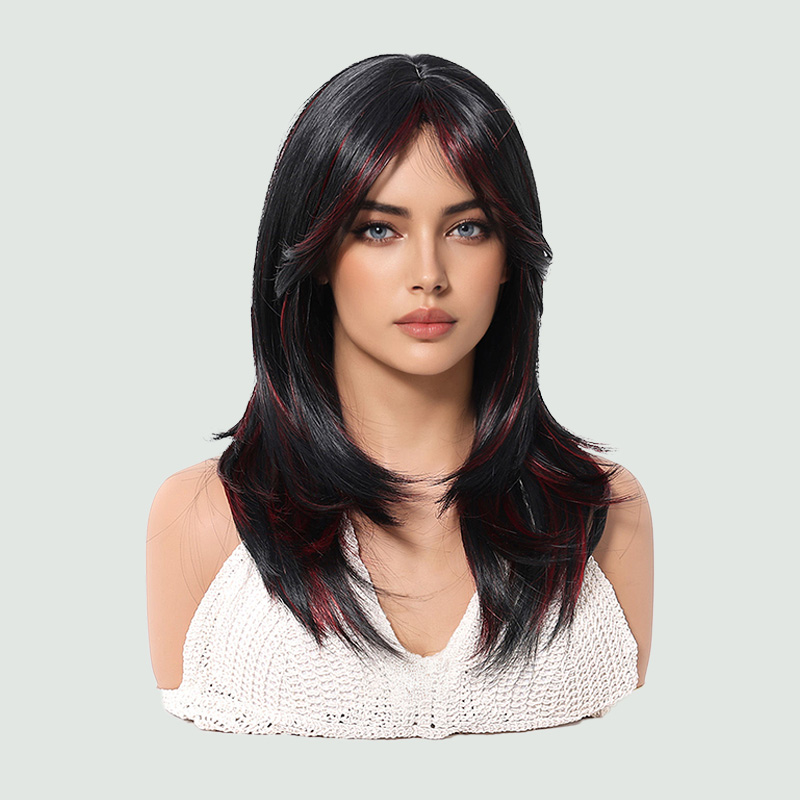 Black straight heat-resistant wig with bangs