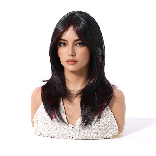 Black straight heat-resistant wig with bangs