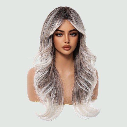 Dark brown to white gradient long wavy hair