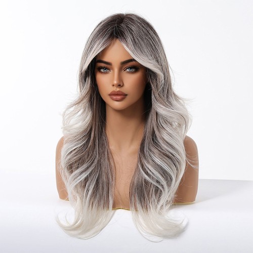 Dark brown to white gradient long wavy hair