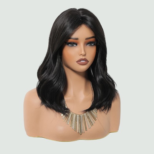 Black fluffy and breathable wig with bangs