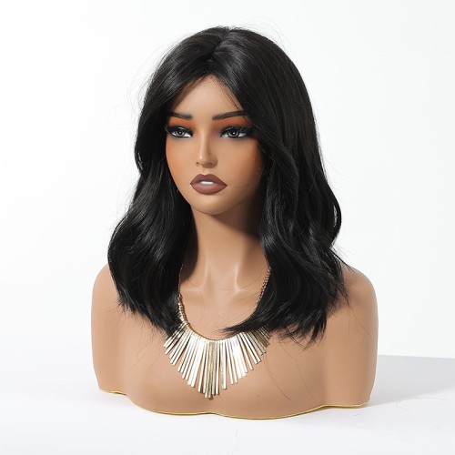Black fluffy and breathable wig with bangs
