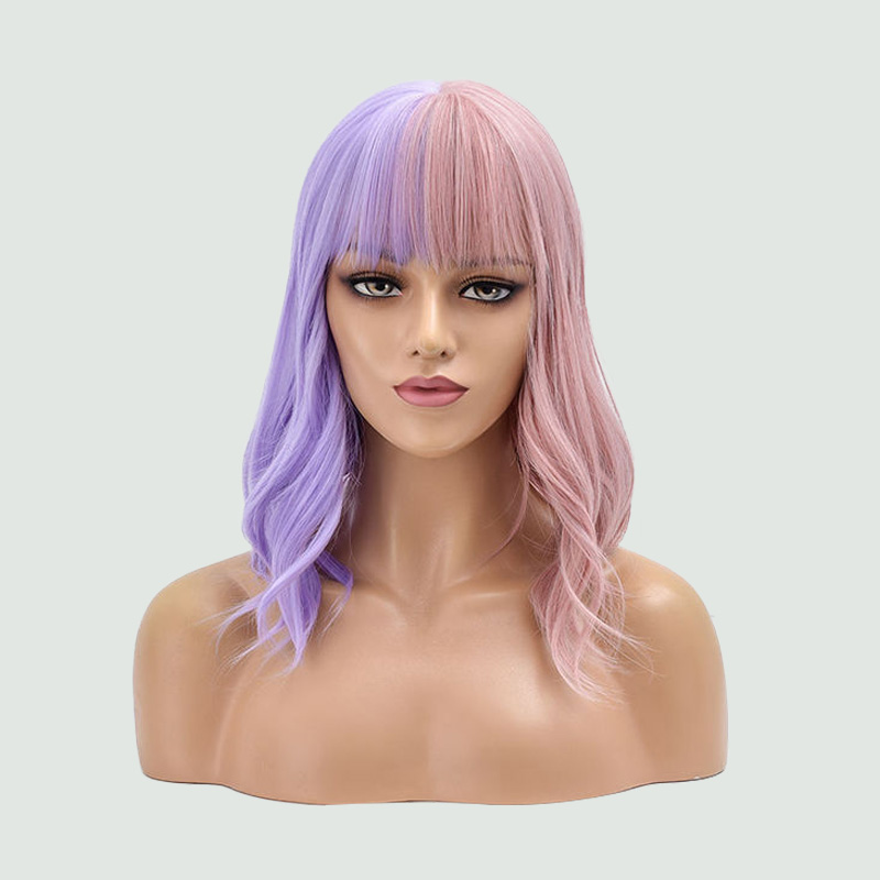 Heat-resistant wig in a half-pink half-purple color