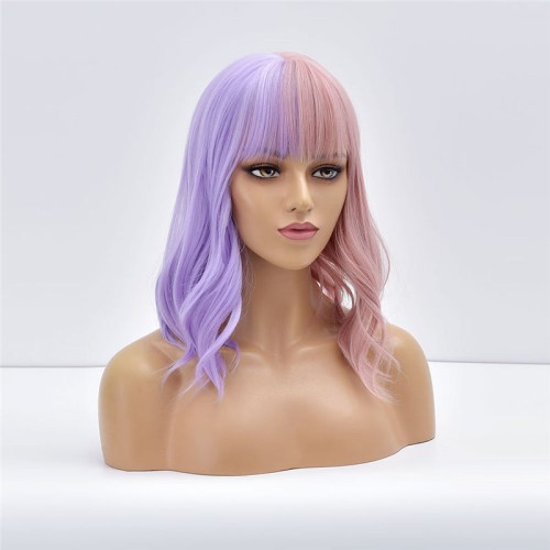 Heat-resistant wig in a half-pink half-purple color