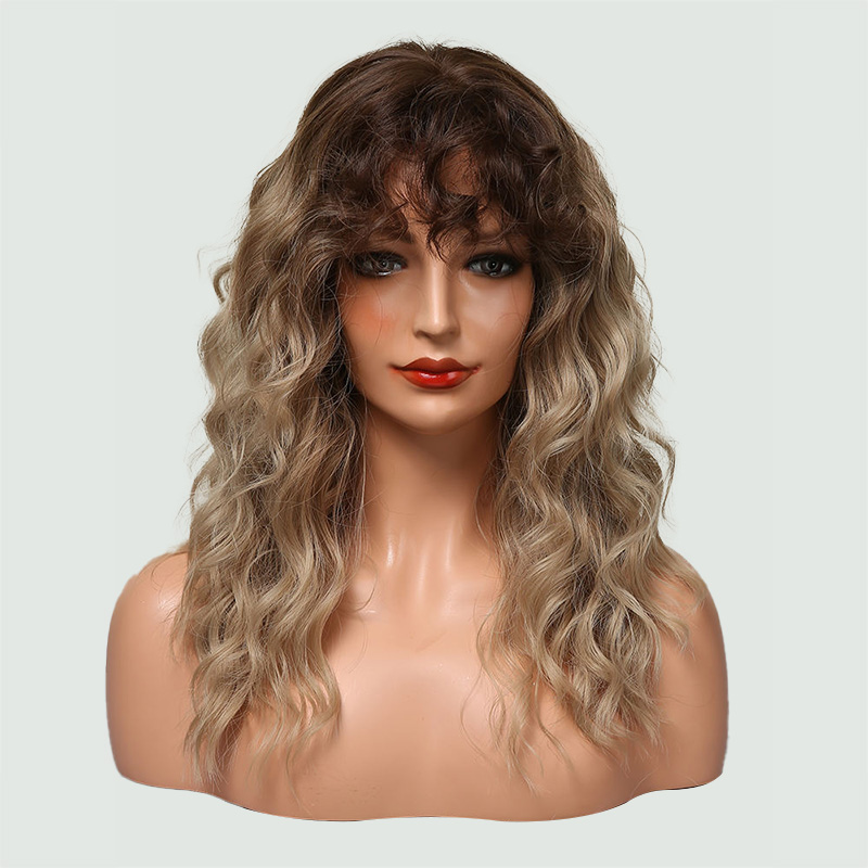 Dark brown medium-length wig with bangs for women