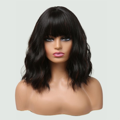 Dark brown short wavy bob wig with bangs