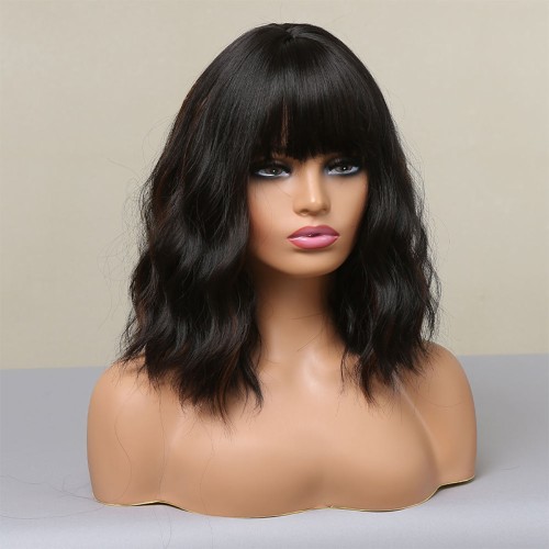 Dark brown short wavy bob wig with bangs