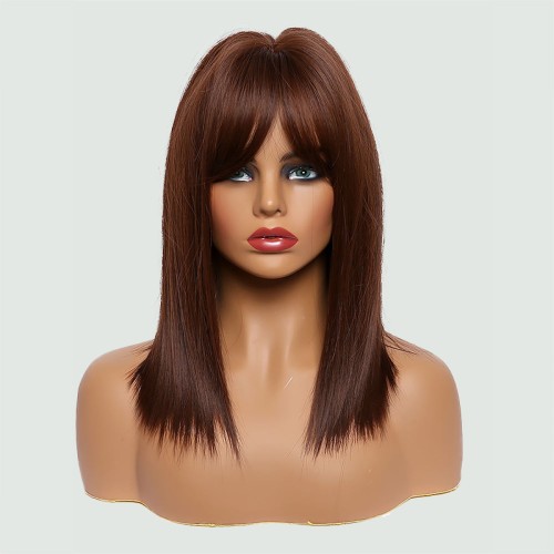 Honey brown short straight wig with bangs