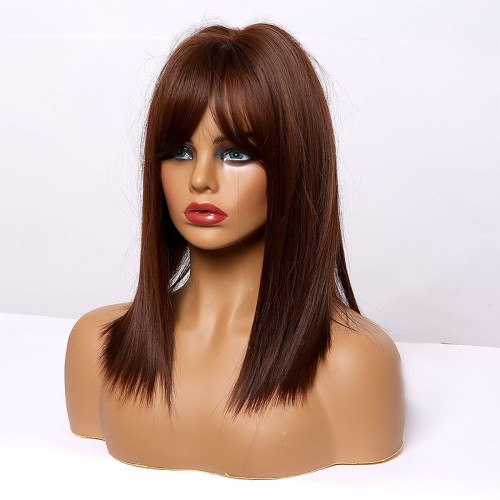 Honey brown short straight wig with bangs