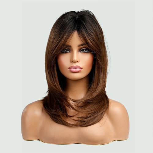 Brown side-swept bangs women's wig
