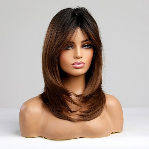 Brown side-swept bangs women's wig
