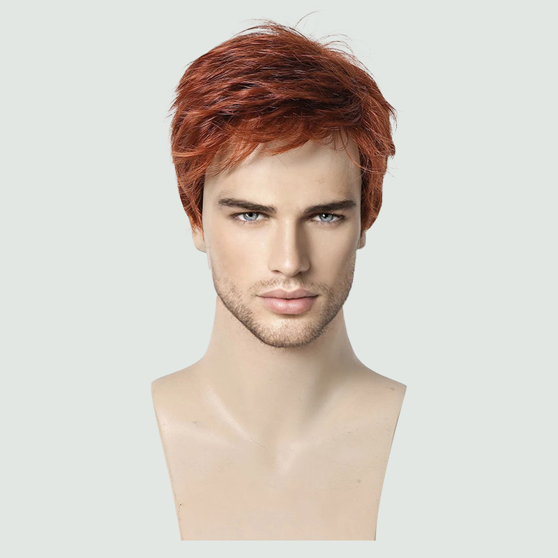Copper-red men's natural-looking voluminous wig