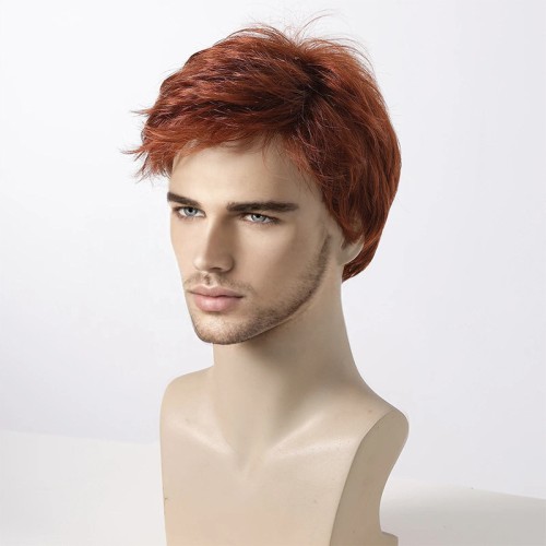 Copper-red men's natural-looking voluminous wig