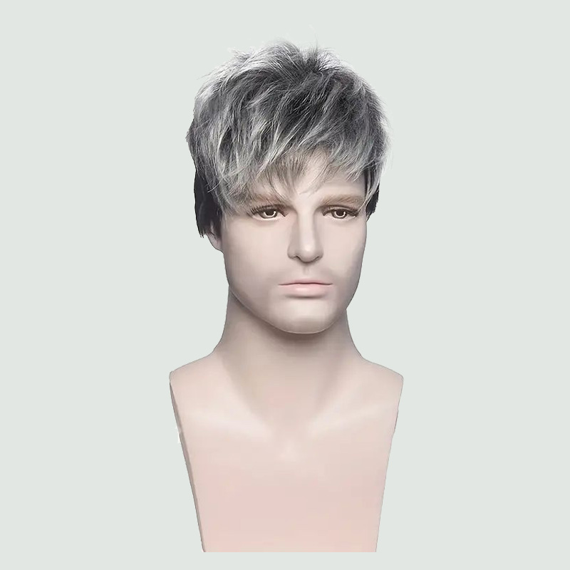 Gray gradient short curly men's full lace wig