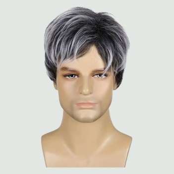 Grayish-silver short straight layered men's wig