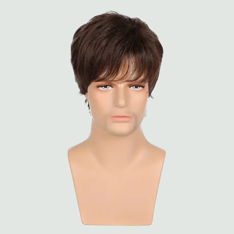 Men's short brown bob fluffy wig