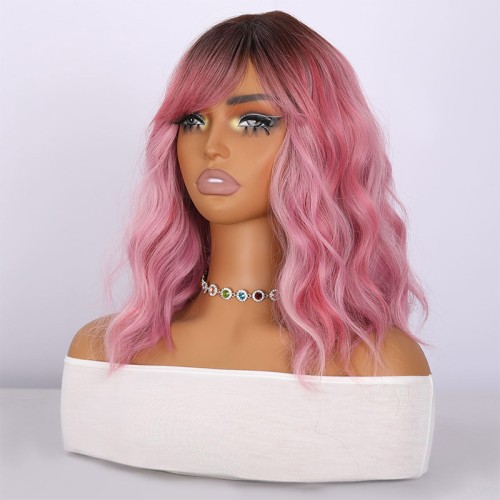 Pink wavy bob short wig