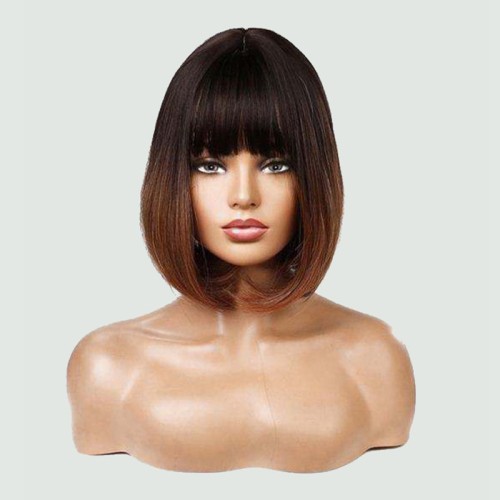 Dark brown to black gradient short hair with bangs