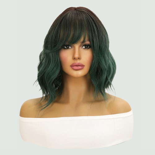 Dark green short hair with wavy bangs