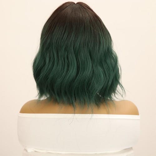 Dark green short hair with wavy bangs