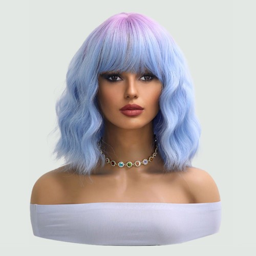 Blue and purple gradient wavy bob haircut