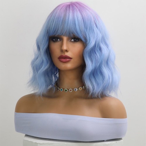 Blue and purple gradient wavy bob haircut