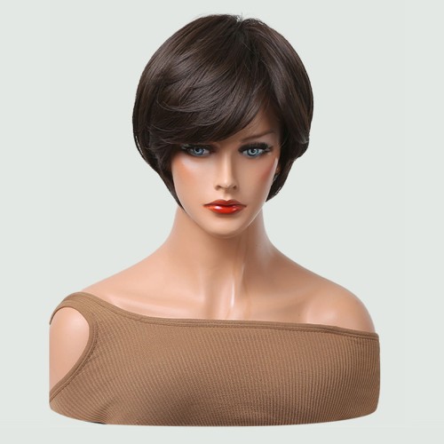 Dark brown short hair with bangs