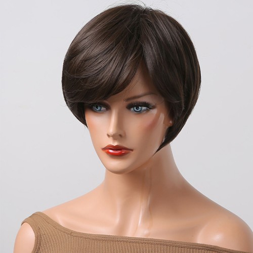 Dark brown short hair with bangs
