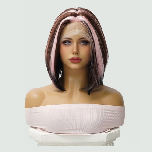 Lace-front wig with highlighted wavy short hair