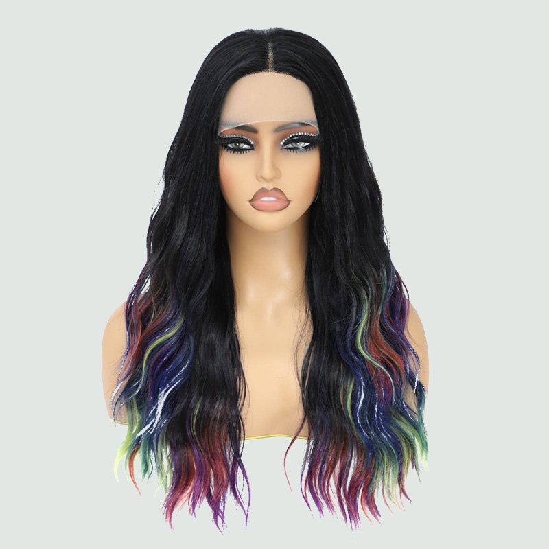 Black rainbow long wavy wig