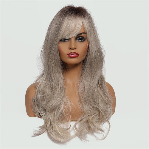 Grayish-white to dark gradient long wavy wig